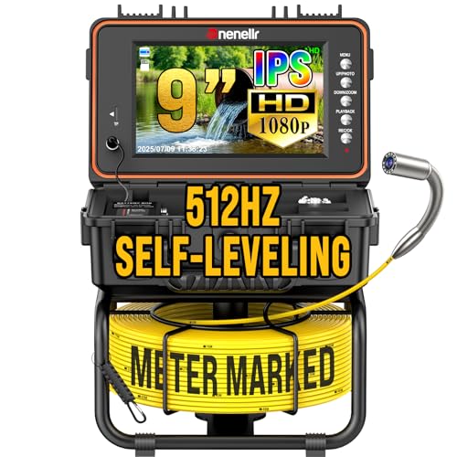 Dnenellr Tube Inspection Camera with 512Hz Probe and Auto-Leveling Function 1080P, Cable with Metric Marks, 9 Inch HD IPS Screen, 32GB DVR, 5100mAh Battery, Waterproof IP68 (20M)