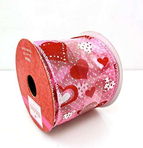 Jo-ann's Holiday Inspirations Polk Dot Hearts Ribbon,sheer Pink with Red Glitter,2.5"x12ft