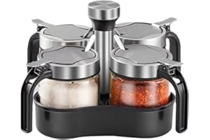 TINMIX Revolving Condiment Pots Sugar Bowl Salt & Pepper Cellar with Lid and Spoon, Set of 4 Seasoning Box Spice Jar with 360 Rotating Holder Tray for Kitchen, 4 Pots