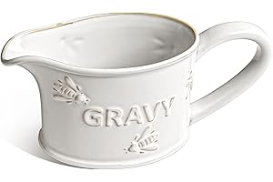 LE TAUCI 17oz Gravy Boat, Ceramic Sauce Boat for Salad Dressings, Creamer, Broth, Black Pepper, Set of 1, Arctic White, Bee Pattern