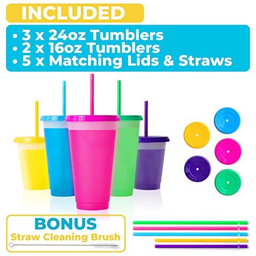 5 pc Color Changing Cups With Lids and Straws Multi Size Pack 16 and