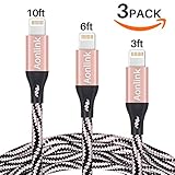 Aonlink Lightning Cable 3Pack 3FT 6FT 10FT Nylon Braided iphone Charger USB Charging Cord, Compatible with iPhone X/8 Plus/8/7/7 Plus/6s/6s Plus/6/6 Plus and more(Black Pink)