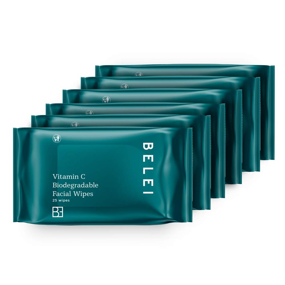 Belei Vitamin C Biodegradable Facial Cleansing Wipes, 6 x 25