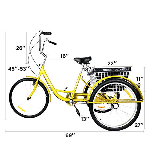 HIRAM Adult Tricycle, 24"/26" Wheels Trike with Low Step-Through Steel Frame, Front and Rear Fenders, Single Speed, Large Cruiser Seat, Water-Proof Bag and Rear Basket