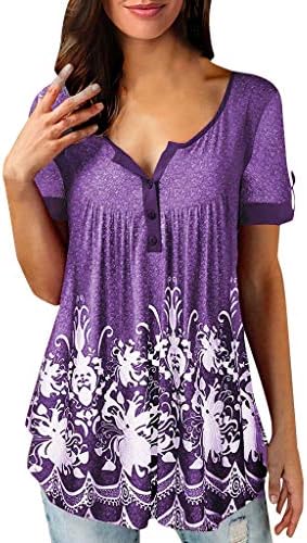 Plus Size Womens Blouse Boho Floral Printed Short Sleeve Crew Neck Button Down Tunic T-Shirt Loose Summer Casual Beach Pullover Tees Tops for Ladies