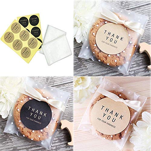 White Dots Self Adhesive Plastic Cookie Bags for Gift Giving 200 Bags+200 Thank You Labels (4x4+1.18 inch) - Thumbnail 3