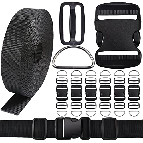 CooBigo 6 Yards Nylon Webbing Strap 6 Pcs Quick Side Release Plastic Buckle 12pcs Tri-glide Slide Clip D Rings (2 Inch set)