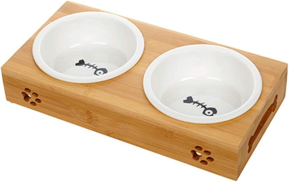 Basic Cat Bowls with Wooden Stand Pet Dining Table Cat Feeder with Raised Bamboo Stand for Cats and Puppy