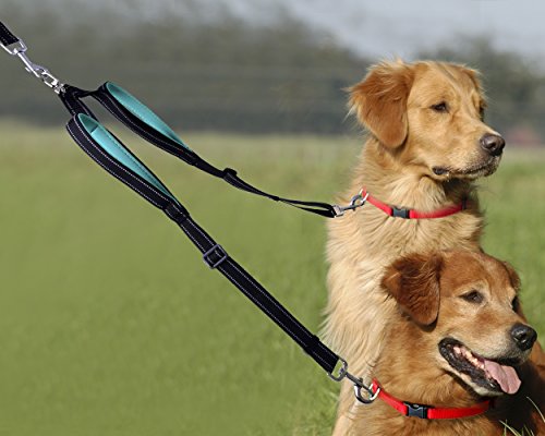 Double Dog Leash Coupler,Adjustable Heavy Duty Dual Dog Leash Splitter Strong for Medium Large Dogs Walking & Training,360°Swivel No Tangle Reflective Dog Leash with Two Comfortable Padded Handle