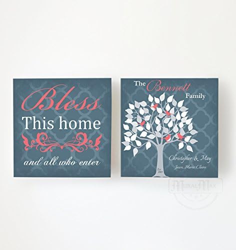 MuralMax Custom Family Tree & Quote - Stretched Canvas Wall Art - Memorable Anniversary Gifts - Unique Wall Decor - Color - Blue # 2-30-DAY - Set Of 2 - Size - 20 x 20