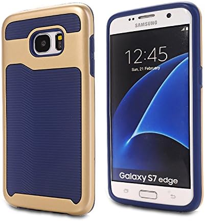 Galaxy S7 Edge Case, Wave Grip Design Slim Fit Hybrid Shock Absorption Bumper Dual Layer Anti-Slip Protective Case Cover for Samsung Galaxy S7 Edge (Navy Blue-Gold)