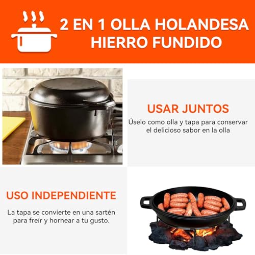 2 En 1 Horno Holandés Hierro Fundido con Tapa,4.7L Olla Holandesa Redonda,Doble Función Horno Espesado,con Mango Y Almohadilla de Silicona,para Varias Estufas,Se puede freír o saltear,Diámetro 26cm