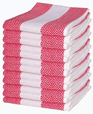 CottonLin Herringbone Kitchen Towels (Set of 12) | 100% Cotton | Highly Absorbent, Quick Dry, Ultra Soft | Decorative Towel for Kitchen, Hand, Face, Tea, Dishcloth, Hair (18"x28" - Red White)