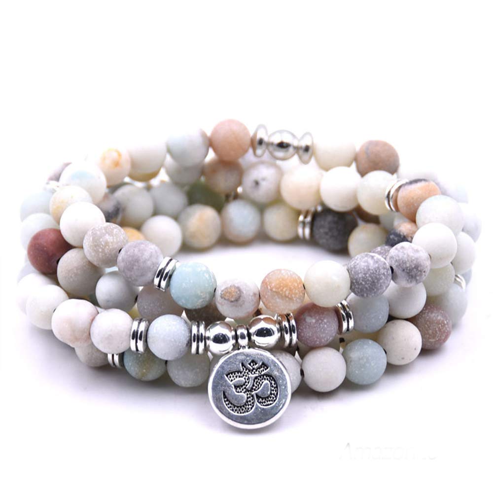 Self-Discovery 108 Natural Beads Mala Yoga Jewelry Meditation Beads Bracelet Necklace with Yoga Symbol Charm (Amazonite)