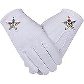 OES masonic star face machine embroidered cotton gloves - white one size pair - order of the eastern star