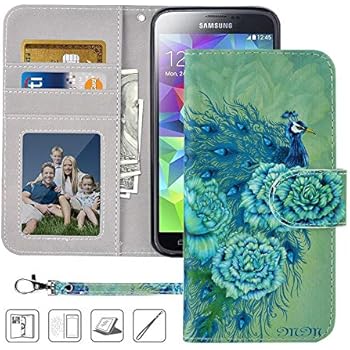 Galaxy S5 Wallet Case, Galaxy S5 Case, MagicSky Premium PU Leather Flip Folio Case Cover with Wrist Strap,Card Holder,Cash Pocket,Kickstand for Samsung Galaxy S5(Green Peacock)