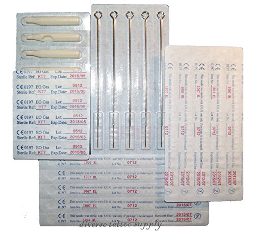 100 Pieces Tattoo Mixed Needles- 3RL, 5RL, 7RL, 9RL, 3RS, 5RS, 7RS, 9RS, 5MS, 7MS Manufactured By Skin Companion Free with Transfer Stencil Paper 5 Sheets (100 Mixed Needles + 100 Long Tips)