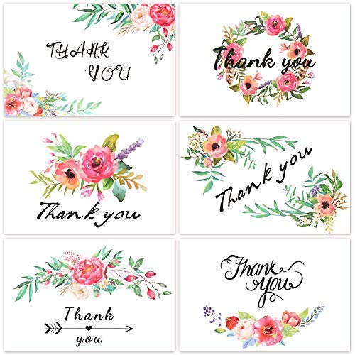 D-FantiX 4x6 Floral Thank You Cards, 12 Design Thank You Notes Bulk Blank Inside for Baby Bridal Shower Wedding Birthday Business Thank You Card with Envelope and Stickers 48Pcs Assorted Pack