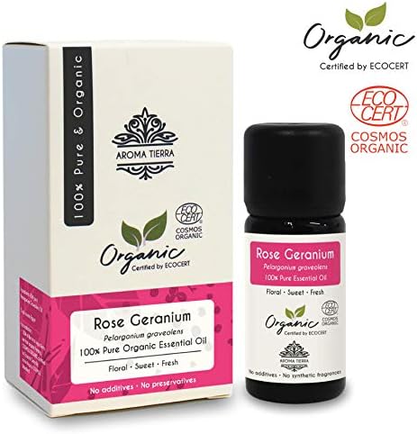 Aroma Tierra Organic Geranium (Rose Geranium) Essential Oil - from Egypt - 100% Pure, Natural, Certified Organic by ECOCERT (10ml)