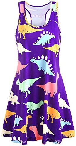 Women’s Sleeveless Casual Swing T-Shirt Summer Dress, Women Sleeveless Ladies Beach Dress Printed Dinosaur Tunic Tank Dress