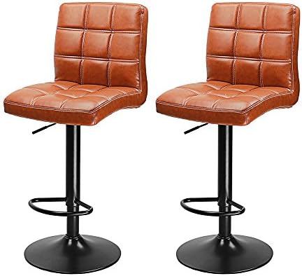 Premium Set of 2 PU Leather Modern Adjustable Swivel Barstools Hydraulic Chair Bar Stools with Backrest (A01-Brown with Black Base)