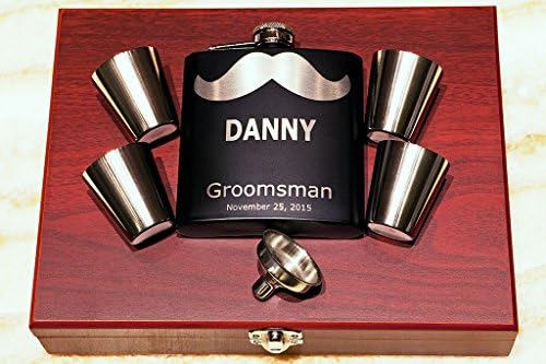 Rosewood Box Flask Gift Set, Personalized Groomsmen Mustache Flask, Custom Engraved Wedding Flask +Funnel +Shot Glasses in Wood Box,Bachelor