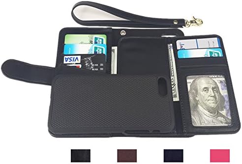 iPhone 7 Wallet Case with Card Holder, Kickstand, Detachable Magnetic Slim Case, Screen Protector, Charging Cable Saver Protector, Vegan Leather, Gift Box (Black)