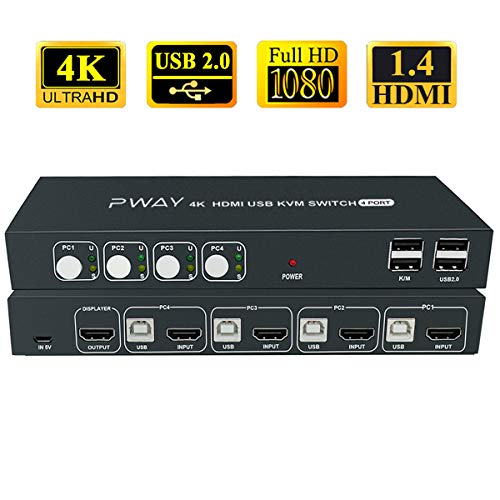4x1 HDMI KVM Switch 4 Port Ultra HD 4K@30Hz, USB 2.0, HDCP 1.2, No Power Adapter Required, Support Wireless Input Device and Hotkey Switch, with 4 HDMI and USB Cables