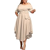 Plus Size Women Wedding Guest Dress Off Shoulder Boat Neck Irregularly Flowy Midi Church Dress