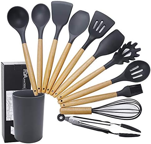 シリコーン台所用品 11pcsノンスティックスパチュラスプーンツールセットシリコーン木製ハンドル台所用品のストレージグレーグリーンピンク キッチンツールセット Color Gray Size 11pcs Ospacp Org Ar