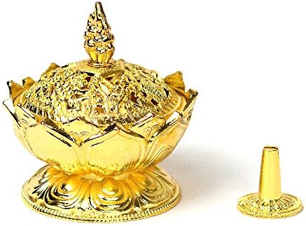 HJXL Lotus Flower Chinese Buddha Alloy Metal Incense Burner Incense Holder Handmade Censer Bowl Buddhist Decor, Home Decoration (golden)