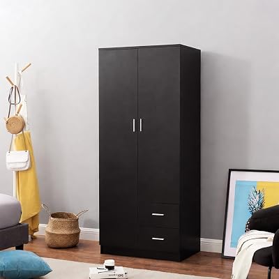 Panana Wooden Wardrobe 2 Door 2 Drawer with Shelf Hanging Rail Modern 180cm