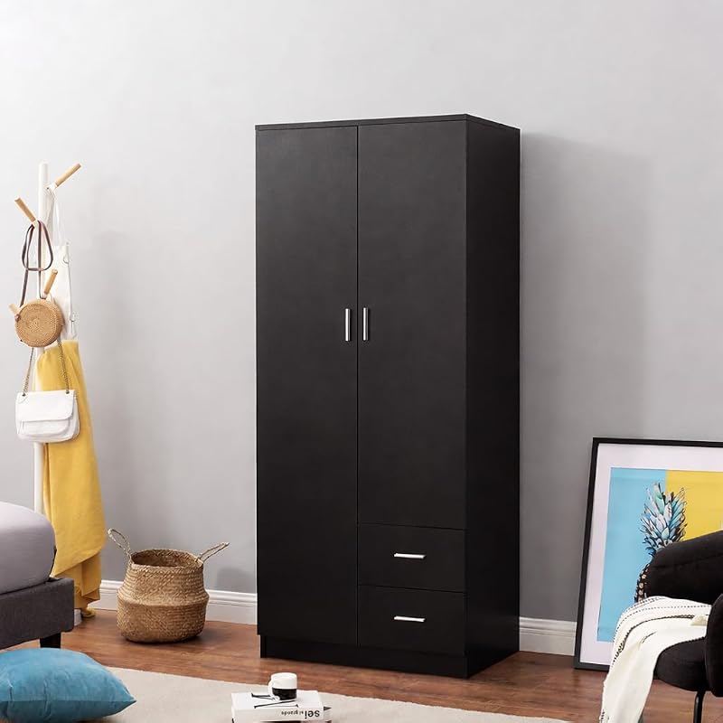 Panana Wooden Wardrobe 2 Door 2 Drawer with Shelf Hanging Rail Modern 180cm