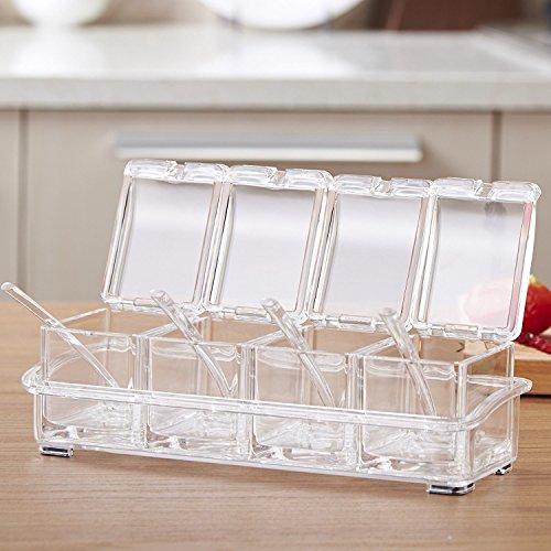 Clear Seasoning Rack Spice Pots by AIQI - 4 Piece Acrylic Seasoning Box - Storage Container Condiment Jars - Cruet with Cover and Spoon