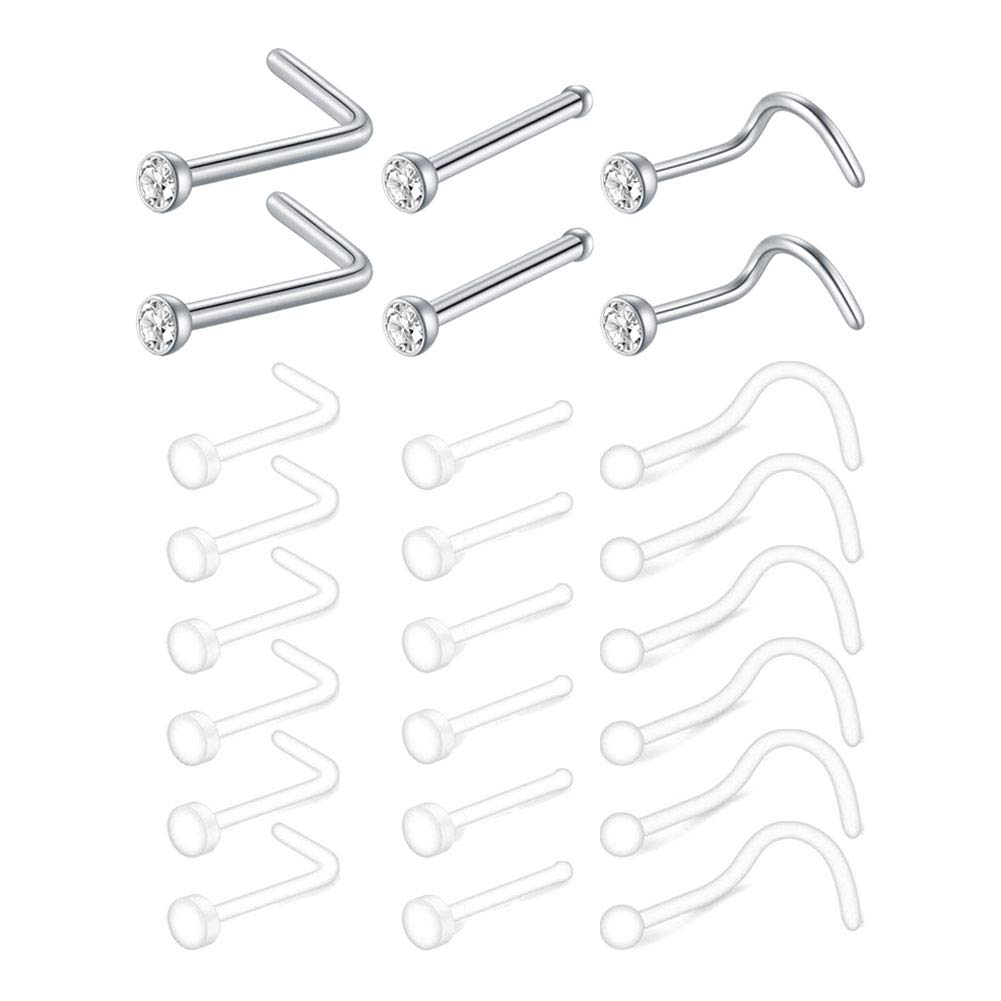 Mayhoop 24 Pcs Clear Nose Studs 18G Bioflex Retainers Acrylic & Stainless Steel CZ Flexible Nose Retainers Studs L Shaped Nose Rings Bone Pin Nose Studs Screw For School Work