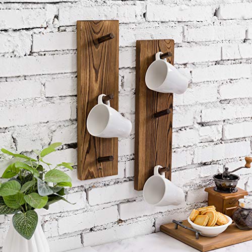 MyGift Wall Mounted Wooden Mug Rack 3 Hook Rustic Burnt Wood Teacup