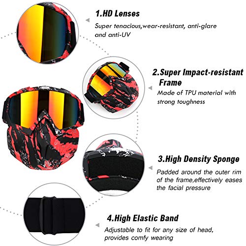 PiscatorZone Motorcycle Goggles Mask, Tactical Glasses with Detachable Mask Adjustable Windproof Outdoor Paintball Airsoft Mask Face Shield for Kids Men Women