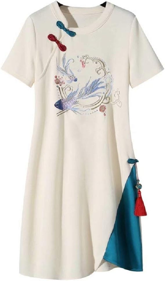 Amazon Janejp ワンピース レディース チュニック 刺繡 中華風 チャイナドレス 漢服 半袖 魚柄 中国風ドレス チャイナボタン トップス スカート 春 夏 きれいめ 膝丈 ワンピ 民族風 チャイナ服 カジュアル 大きいサイズ ワンピース チュニック 通販