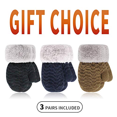 ORVINNER 3 Pairs Baby Toddler Winter Mittens Kids Warm Sherpa Lined Mittens Thicken Knit Gloves for Boys Girls (Black/Navy/Mocha)