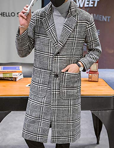 Uaneo Men's Casual Notch Lapel Single Breasted Plaid Mid Long Trench Pea Coat (Gray, X-Large)