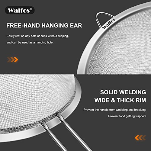 Walfos Fine Mesh Strainers Set, Premium Stainless Steel Sieve and Sifter with Sturdy Handle, Metal Kitchen Strainers Perfect for for Food, Rice, Quinoa, Fruit, Tea, Flour- 3 Sizes