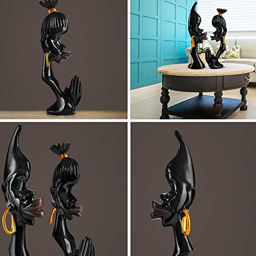 Olpchee 2Pcs Resin Abstract African Couple Head Sculpture Statue Collectible Decor Art Statues for Home Office Black - Thumbnail 4