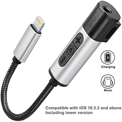 2 in 1 Lightning iPhone7 Headphone Adapter Lightning to 3.5mm Audio Earphone Jack and Charging 2 in 1 Lightning Splitter with Adjustable Volume or Switch Songs,Support iOS11Versions JWAIT,Silver