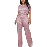 LROSEY Womens Sequin Two Piece Set Glitter T Shirts Top Sparkly Pants Suit for Birthday Party Disco Outfits