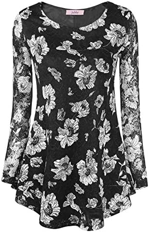 Jubby Print Tunics, Ladies Paisley Floral Pattern Tshirt Sport Designer Yoga Active Flowy Hem Gorgeous Shirt Weekend Long Sleeve Blouse Blouson Top for Women Large Black