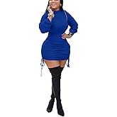 BFFBABY Women Sexy Winter Club Ruched Long Sleeve Drawstring Mini Bodycon Dress