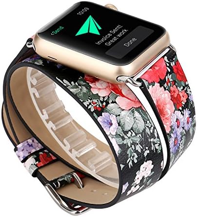 Rykimte Smart Watch Band For Apple Watch iWatch Flower Chromatic Colorful Rainbow Watercolour Leather Strap Wristband Wrist Bracelet Replacement With Metal Adapter For Women ( Double Tour A 42mm )