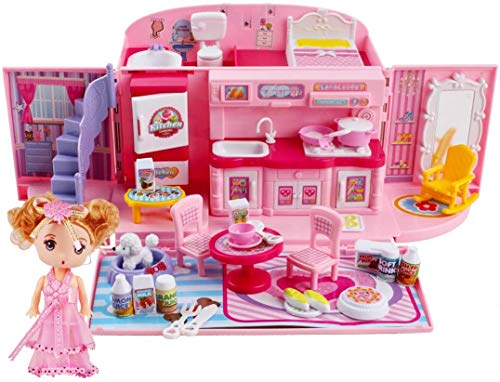 deAO 2-in-1-Spielset für Kinder in Rosa mit tragbarem Puppenhaus, Licht- und Musikfunktionen, Zubehör, Tragetasche und… – Bild 3