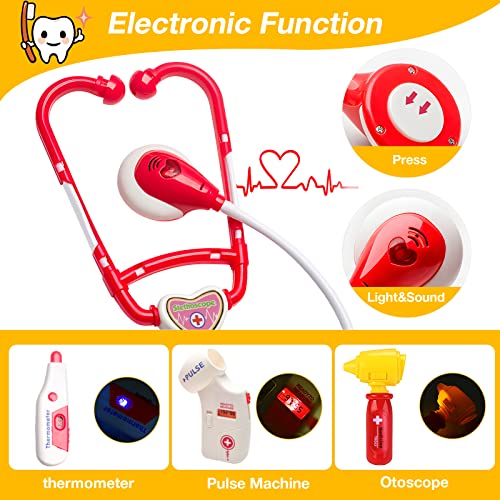 39 Pieces Doctor Kit for Kids, Educational Play Medical Kit with Electronic Stethoscope and Emergency Bed, Carrying Case, Doctor kit for Toddlers 3-5-7, Dentist Kit for Kids