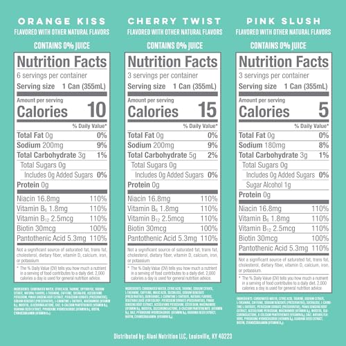ALANI NU VARIETY PACK CHERRY TWIST, PINK SLUSH, ORANGE KISS SUGAR FREE, LOW CALORIE ENERGY DRINKS, 200MG CAFFEINE, BIOTIN B VITAMINS, ZERO SUGAR, 10 CALORIES, 12 FL OZ CANS, 12 PACK